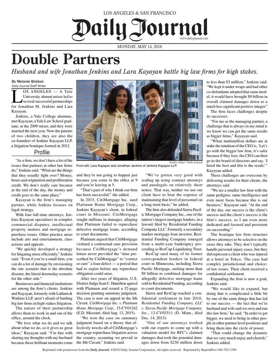 Front page of the Los Angeles Daily Journal, May 14, 2018 &mdash; &ldquo;Double Partners,&rdquo; a profile of Jonathan M. Jenkins and Lara Kayayan